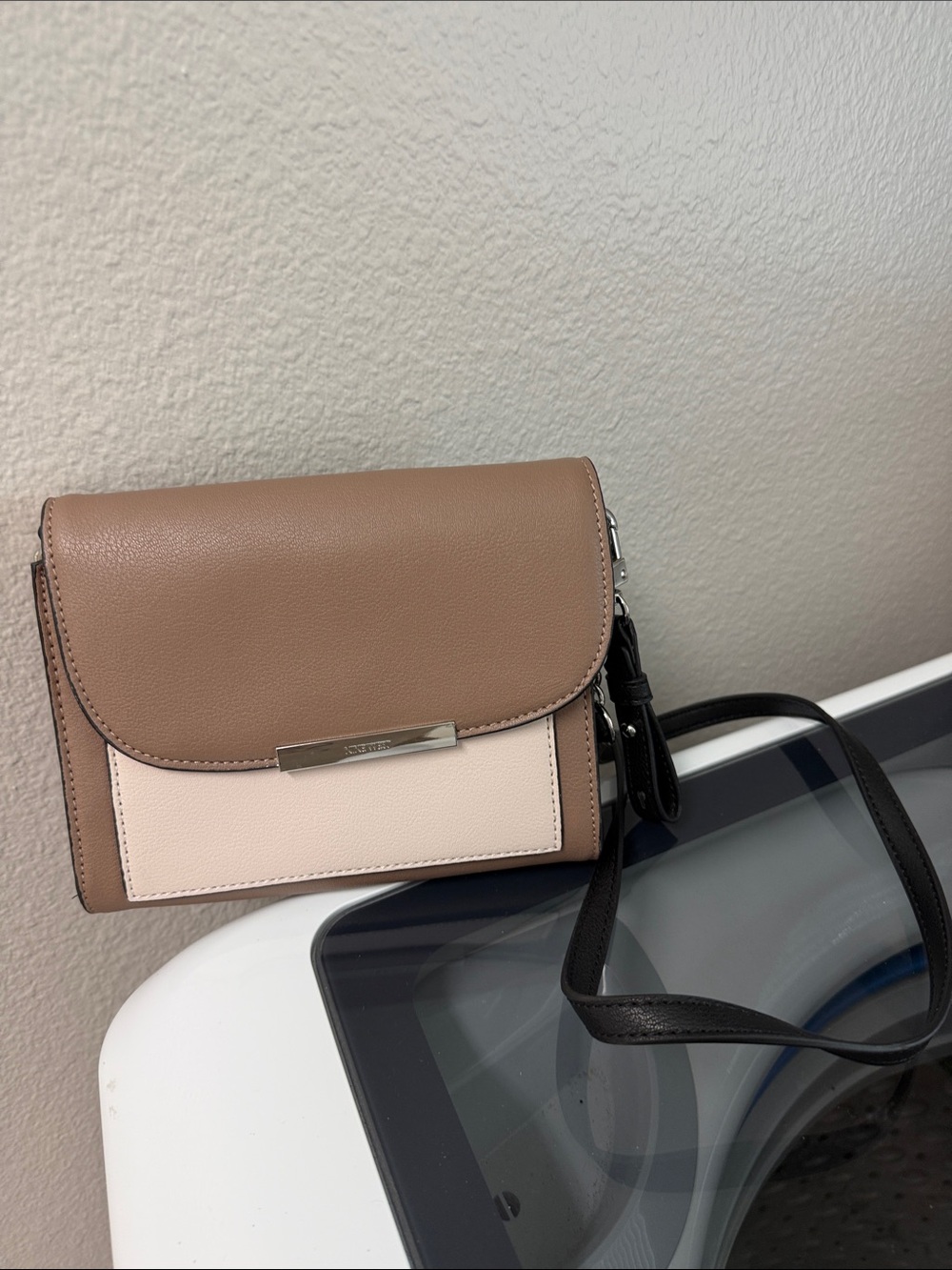Nine West Two-Tone Taupe and Blush Crossbody with Black Strap